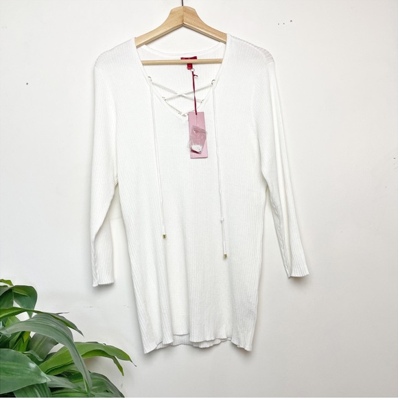 Jennifer Lopez Sweaters - NWT Jennifer Lopez 2X White Ribbed Lace-Up Sweater Tunic Top Plus Size